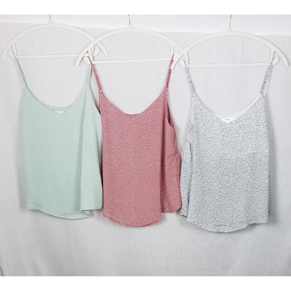MINE Camisole Tank‎ Top Set of 3 Green Pink White L Polka Dots Casual Spring